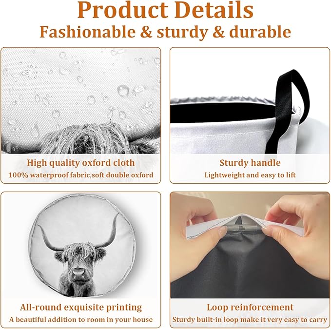 Highland Cow Laundry Basket with Sturdy Handles, Collapsible Oxford Cloth Laundry Hamper Organizer Basket for Bathroom Bedroom 15.7x20 Inch