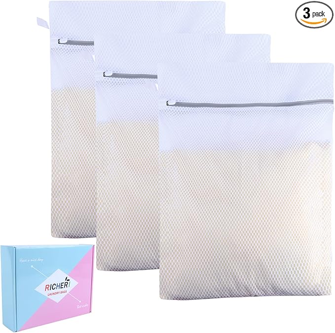 RICHERI Mesh Laundry Bags, Mesh Wash Bags, Durable Mesh Structure with Strong Zipper, Suitable for Underwear, Delicate Clothes, Pants, Shoes, Socks Washing (Honey mesh, Large 20 * 24in*3pcs)