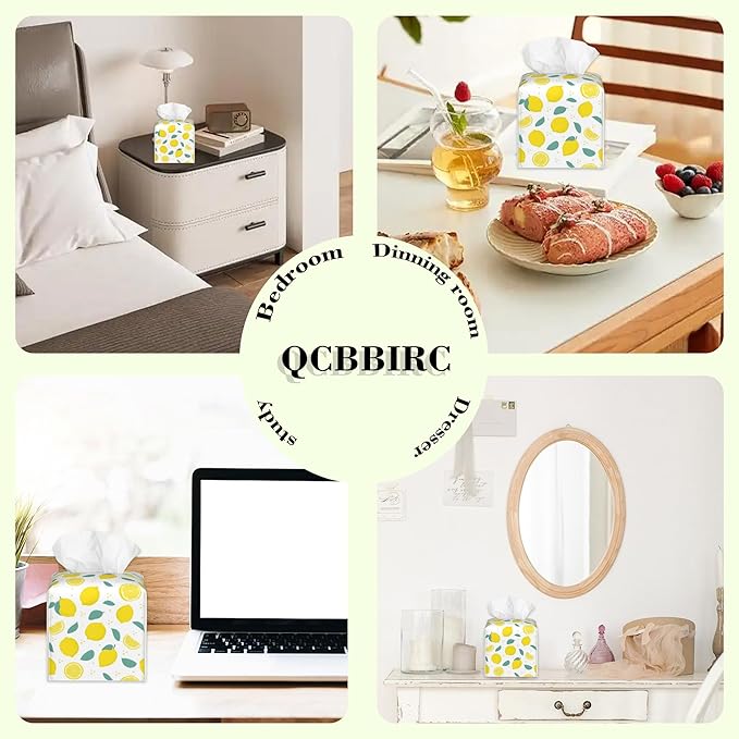 Lemon Citrus with Leaves Tissue Box Cover,Waterproof Leather Square Tissue Box Cover Case Facial Paper Organizer Dispenser Box Holder for Home Office Bathroom Vanity Countertop
