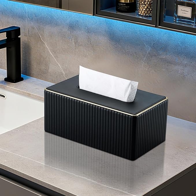 KINGFOM Rectangular Tissue Box Cover, PU Leather Tissue Box Holder with Magnetic Bottom, Napkin & Facial Tissue Holder Dispenser Decorative Box Cover for 120-count (3-Ply) 160-count (2-Ply) Black