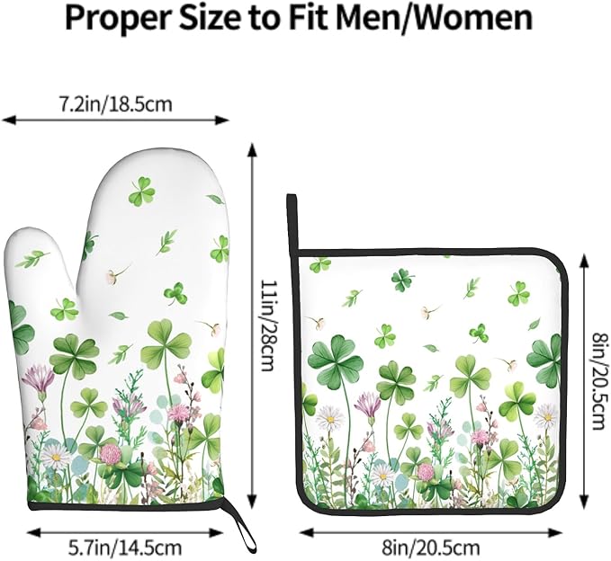 Shamrock Green Oven Mitts and Pot Holders 2Pcs, Spring Green Leaf Daisy Floral Chef Cooking Baking Gifts Oven Gloves Hot Pads Farmhouse Kitchen Accessories for BBQ Cooking Baking