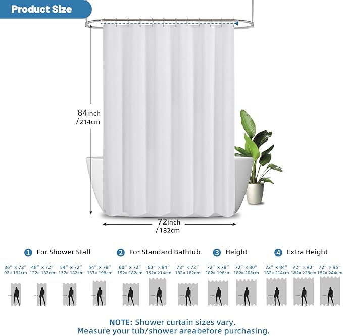 THAIGEE 2-in-1 Waterproof Fabric Shower Curtain - No Separate Liner Needed, Hotel-Style Waffle Weave, Effortless Cleaning & Washable Bathroom Shower Curtain Set,72Wx84H,White