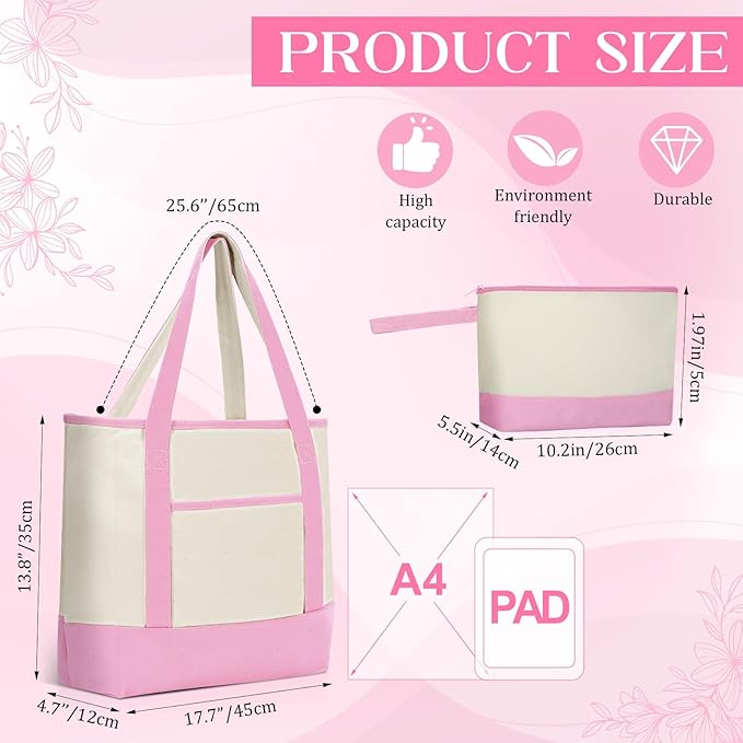 Sanwuta Canvas Tote Bags Bulk with Outer Pocket and Makeup Pouch 18'' Reusable Grocery Bags with Handles for Women Beach DIY