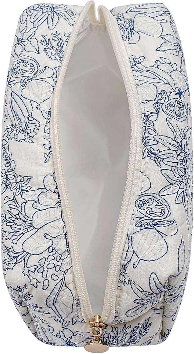 Gleyemor Small Quilted Makeup Bag for Women, Cute Floral Bow Cosmetic Bag, Emergency Bag Travel Toiletry Cotton Pouch Gifts for Girls Her Mom Friend Sister Bridesmaid (Navy Floral)