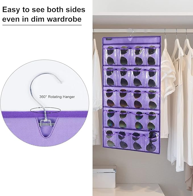 ANZORG Dual Sided Hanging Sunglasses Organizer Storage Wall Mounted Eyeglasses Holder Eyewear Display Case with 40 Clear Slots (40 Pockets-Purple)