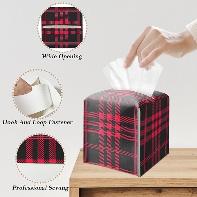 Red and Black Checkered Tissue Box Cover Square, Vintage Leather Tissue Holder with Bottom Belt, for Nightstands Desks Office Bathroom Car Vanity Home Decor Supplies -008