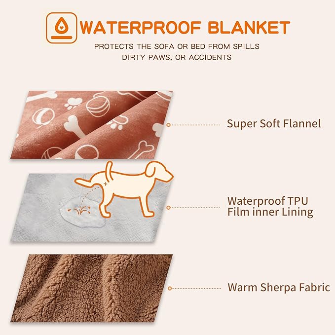 CAPT.SNOOZE Waterproof Dog Blankets Pet Blanket 50"x60", Soft Fluffy Sofa Car Bed Protector, Reversible Sherpa Fleece Dog Blanket for Small Medium Large Dogs Cats (Light Brown-Baseball)