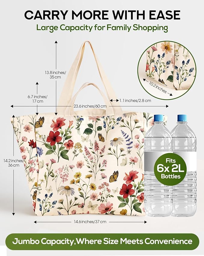 Miss Adola Large Canvas Grocery Tote Bag - Reusable Extra Large Shopping Shoulder Bags with 6 Inner Pockets & 2 Handle Strap