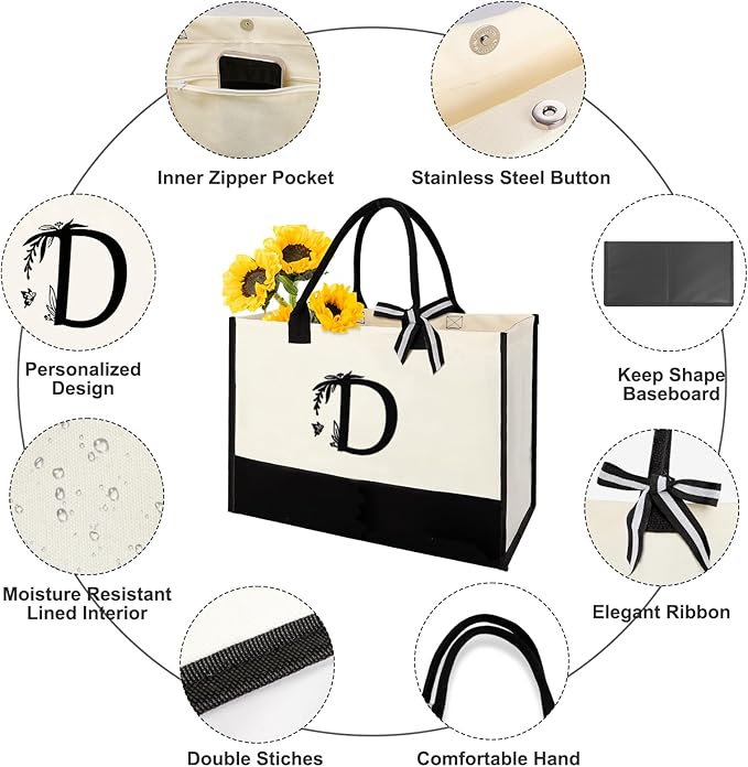 Personalized Gifts for Women - Initial Canvas Tote Bag & Makeup Bag, Custom Bags for Beach, Christmas, Wedding, Birthday, Holiday, Monogram Birthday Gifts for Women, Mom, Wife, Teacher, Friend - D