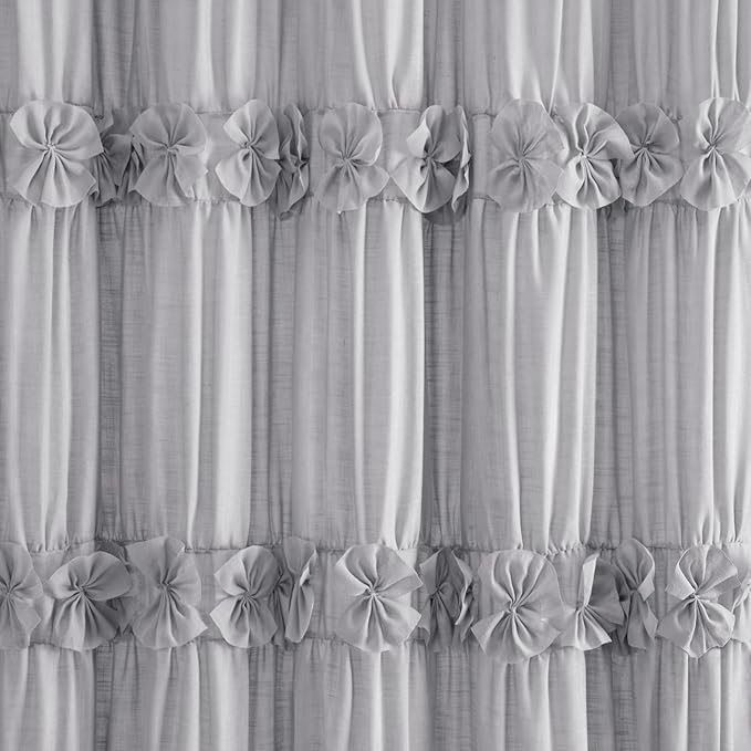 XOGUIBO Linen Ruffle Shower Curtain with Handmade Bow Tie, Vintage Farmhouse Shower Curtain for Bathroom, Grey 72" W x 72" H