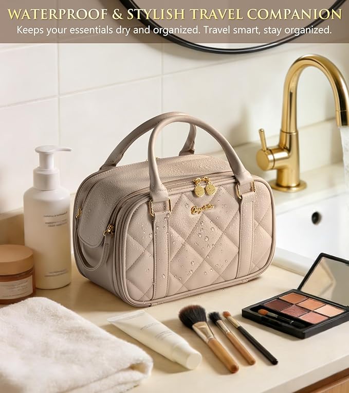 Bagstellar Travel Makeup Bag, Large Capacity Quilted Toiletry Bags for Women, Wide-open Cosmetic Bags Make Up Case Organizer Portable Pouch with Handle & Brush Holder for Traveling Accessories, Pink