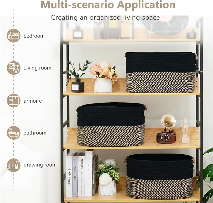 ECDYQXVU Cotton Rope Basket, Storage Baskets with Handle, 15x10x9 Inch Woven Basket for Shelves, Laundry, Towels, Clothes, Books, (Black Brown 1 Pack)