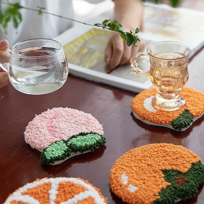 Allazone Punch Needle Kits, Punch Needle Coasters Kit, Punch Embroidery Kit with Felt Yarns Hoop Tools for DIY Coaster Crafts (Fruits)