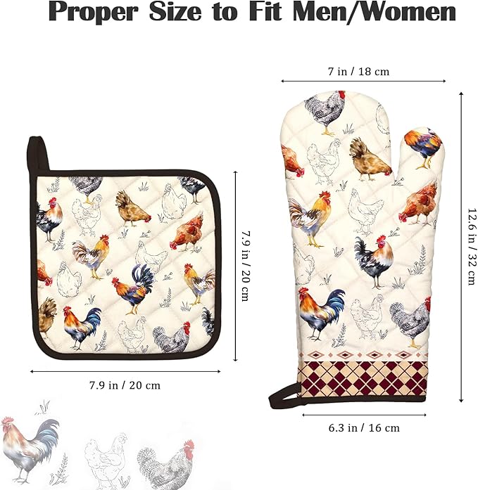 Roosters Oven Mitts and Pot Holders Sets 4Pcs, 100% Cotton Heat Resistant, Extra Long Oven Gloves Potholder for Kitchen Cooking Baking Decoration