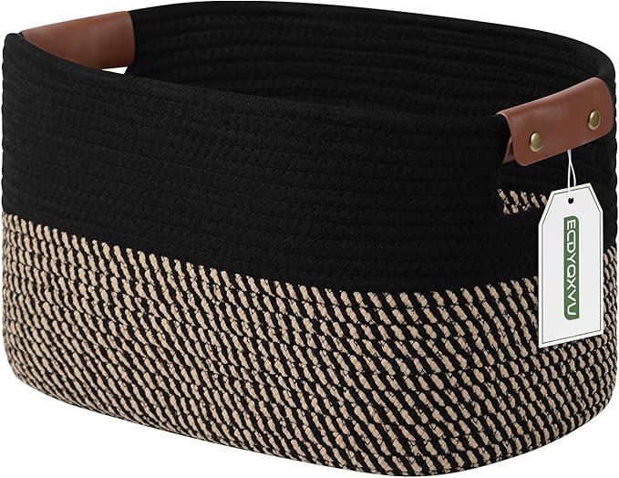 ECDYQXVU Cotton Rope Basket, Storage Baskets with Handle, 15x10x9 Inch Woven Basket for Shelves, Laundry, Towels, Clothes, Books, (Black Brown 1 Pack)