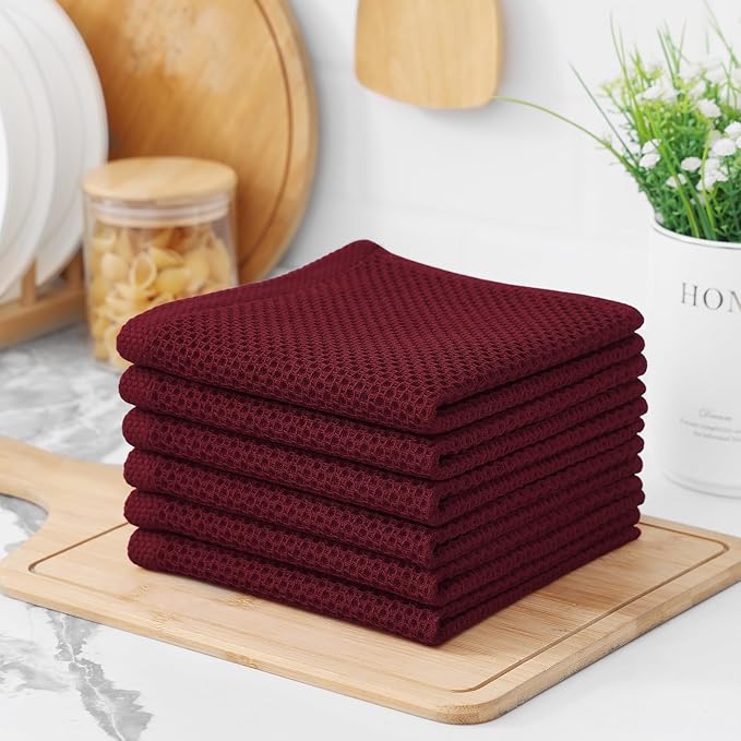 Kitinjoy 100% Cotton Kitchen Dish Cloths, 6 Pack Waffle Weave Ultra Soft Absorbent Dish Towels for Drying Dishes Quick Drying Kitchen Towels Dish Rags, 12 X 12 Inches, Burgundy