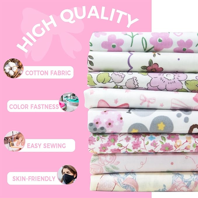 Aubliss 8pcs Fat Quarter Fabric Bundles (100% Cotton - 20'' x 20'') Quilting Cotton Craft Fabric Pre-Cut Squares Sheets for Patchwork Sewing Quilting Crafting (Pink)