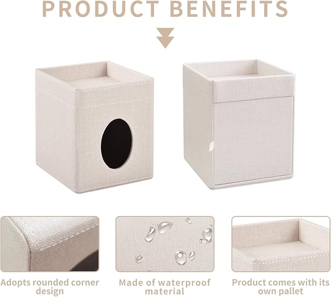 XNONE Tissue Box Cover with Storage Tray Square Tissue Box Holder PU Leather Facial Tissues Organizer Tray for Bathroom Vanity Bedroom Office Car,Stylish Napkin Caddy Decorative Organizer,Beige