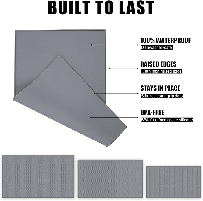 EPESTOEC Premium Silicone Dog Food Mat,Dog Bowl mat, Pet Food pad- Anti-Slip Pet Food Mat for Dogs and Cats - Waterproof and Easy to Clean Gray-19 * 12IN