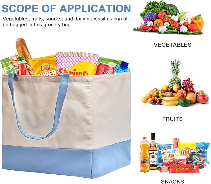 CNaiyunpin Reusable Grocery Bags Heavy Duty, 8.3 gal Foldable Large Canvas Tote Bag with Handles, Holds 60 lbs Canvas Shopping Bags, 1 Pack（Off White+Light Blue）
