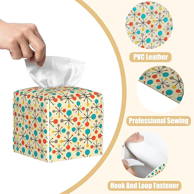 BLYKVGHQ Mid Century Modern Atomic Tissue Box Cover Square, Retro Tissue Box Holder with Bottom Belt Leather Facial Paper Organizer Dispenser for Bathroom Bedroom Dresser Night Stand Tabletop