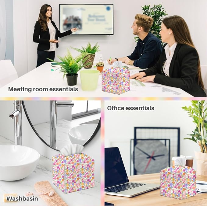 Tissue Box Cover, Tissue Box Holder, Square with Belt Bottom, PU Leather Decorative Organizer for Desk, Tabletop, Countertop Room, Toilet Car, Office, Dresser Bedside, Aesthetic Colorful Flower Decor