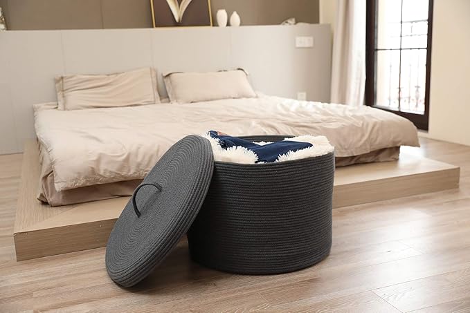 Cottonphant 20" x 20" x 15" Extra Large Storage Basket with Lid, Cotton Rope Storage Baskets, Laundry Hamper, Cloth Bin, for Clothes Towels Blankets Pillows Storage in Living Room, All Dark Grey