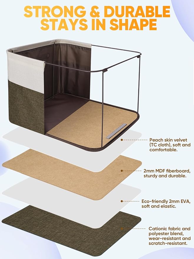 BALEINE 3 Pack Fabric Storage Bins for Shelves, Linen Storage Baskets for Organizing, Decorative Closet Bins for Clothes, Home (Brown, 17''x13''x10.5'')