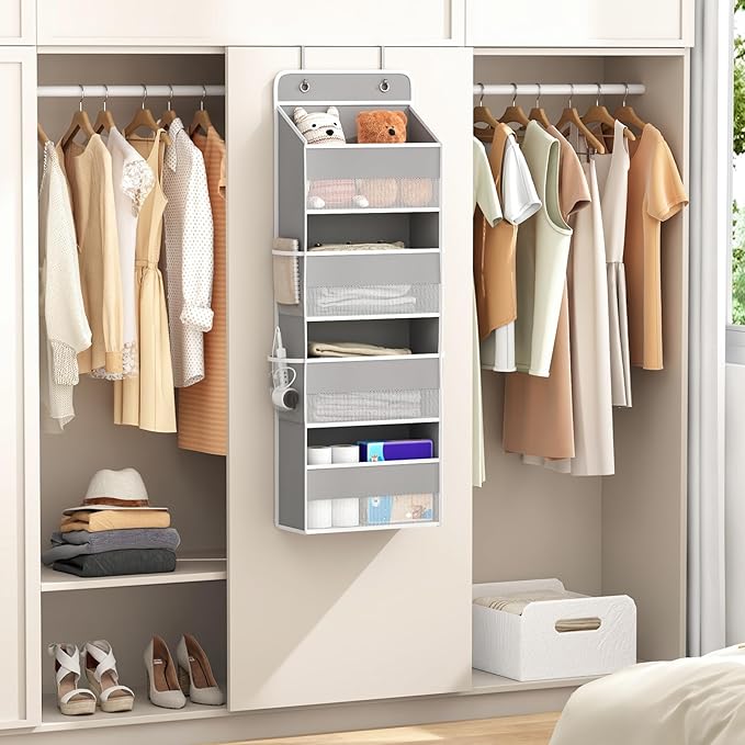 Kaitiemoo 1 Pack 4-Tier Over the Door Organizer, Heavy-Duty Large Deep Pocket Hanging With 4 Large Front & 4 Side Pockets With for Pantry, Kitchen, Bathroom, Dorm, Grey