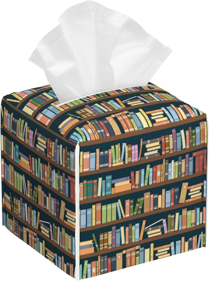 POIUBLE Tissue Box Holder Bookshelves Full of Books Tissue Box Cover Square Leather Tissue Holder Organizer Portable Decorative Facial Paper Case for Home Office Bathroom Vanity Countertop