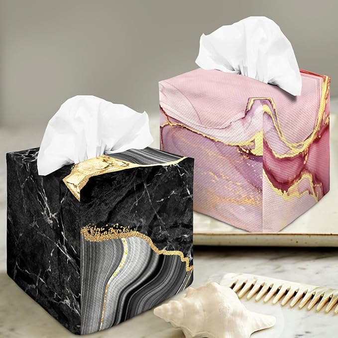 Tissue Box Cover Square Decorative Tissue Box Holder Cute Funny Cube Tissue Case Cover-Black Marble Tissue Box Cover