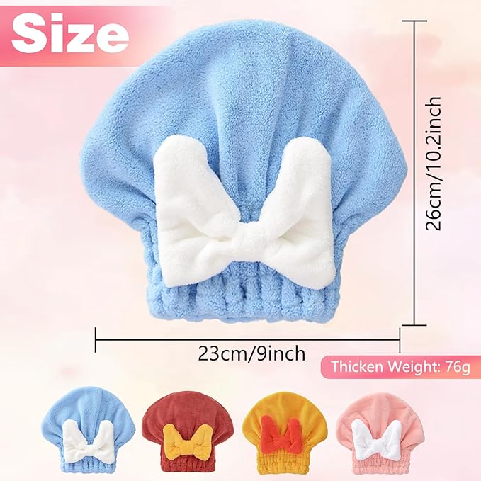 2PCS Super Absorbent Hair Towel Wrap for Wet Hair,Microfiber Hair Drying with Caps Bow Design,2026 New Fast Drying Hair Turban Wrap Towels Shower Cap for Girls and Women(Pink, Blue)