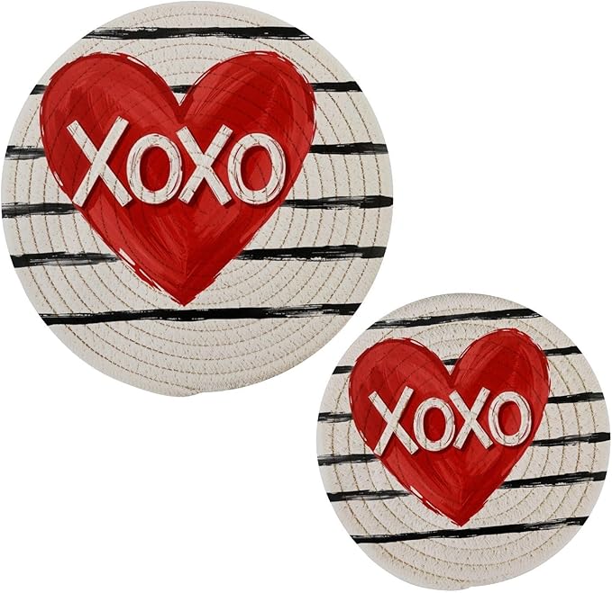Heart XOXO Striped Love Trivet Mat 2PCS Round Woven Potholders Kitchen Table Countertop Protector Hot Pads Farmho