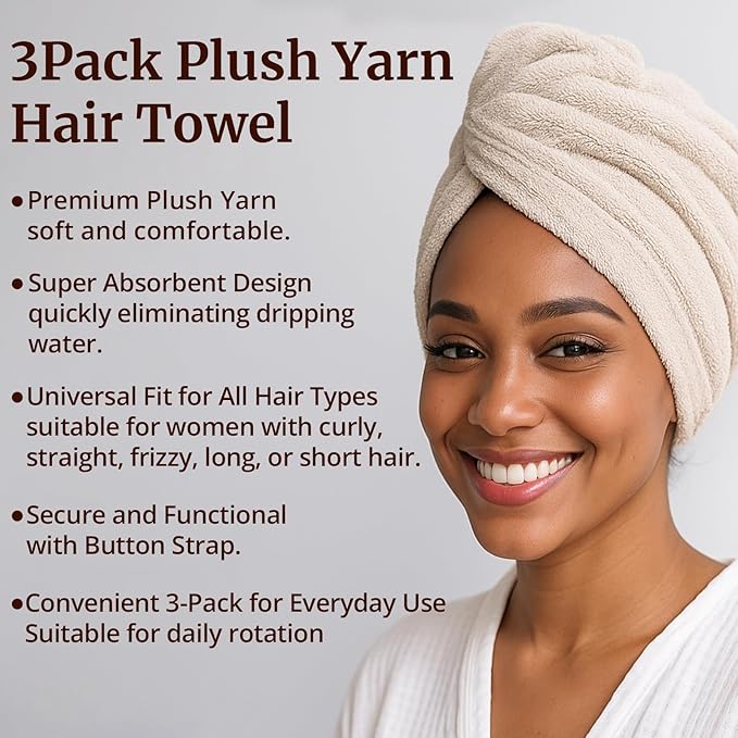 HFZRZFH 3 Pack Plush Yarn Hair Towel Wrap for Women, Super Absorbent & Quick Drying Turban, Anti Frizz Head Towel for Long, Thick, Curly Hair with Secure Button