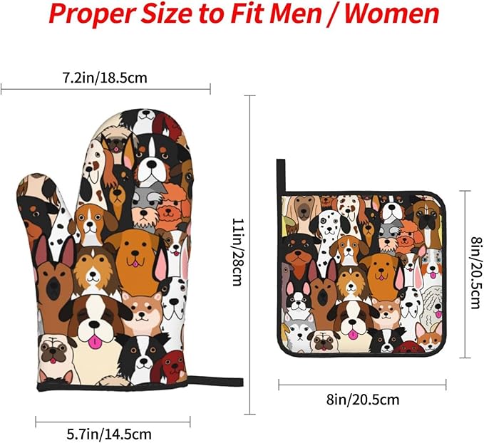 Cute Dogs Oven Mitts and Pot Holders 4 Pcs Set Oven Gloves and Potholders for Cooking Microwave BBQ Baking Grilling