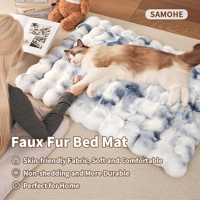 SOMAHE Cat Bed Ultra Soft Plush Machine Washable Pet Mat with Non-Slip Rubber Bottom for Indoor Cats & Dogs Faux Fur Cushion Pad for Floor Couch Carrier for Kittens & Puppies 23 x 15 Inch Medium Blue