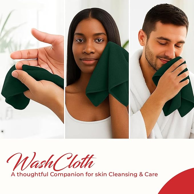 RIVERSIDE 12 Pack Washcloths - 12x12 Inches, 500 GSM, 100% Ring-Spun Cotton - Soft, Absorbent & Durable Face and Body Towels - for Bathroom, Spa, Gym, Makeup Removal & Everyday Use - Hunter Green