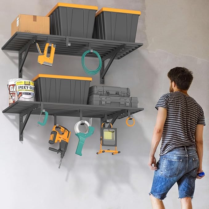 Jusgym 2-Pack 2x4ft Garage Shelving Wall Mounted, 2' x 4' Heavy Duty Garage Storage Shelves with Hooks, 400LB Capacity