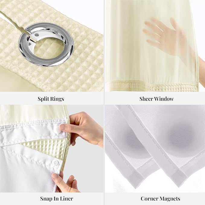 River Dream Cream Fabric Shower Curtain Set, Cotton Blend, Waffle Weave, with Snap in Replacement Liner，71 x 74 inches