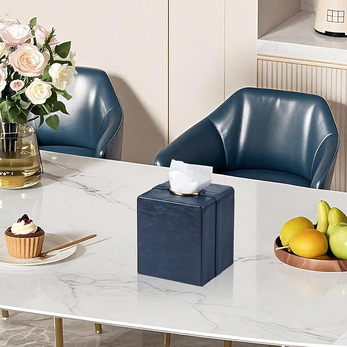 Cretkhp Luxury Square Tissue Box Cover, PU Leather Tissue Box Holder with Magnetic Closure and Gold Decorative Grommets for Bathroom Bedroom, Decorative Elegant Cube Tissue Holder (Blue)