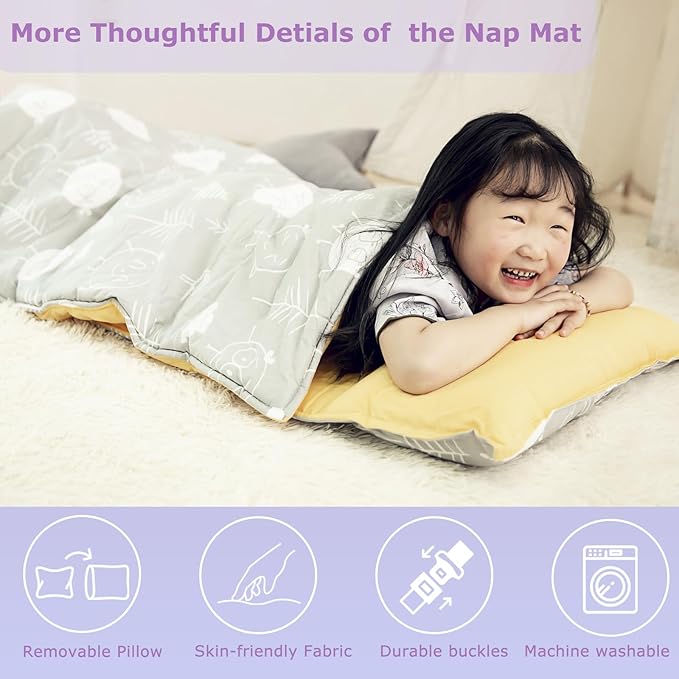 Hi Sprout Toddlers Nap Mat with Removable Pillow and Soft Blanket, Lightweight Daycare Preschool Kindergarten Sleeping Bag, Travel Slumber for Kids Girls Boys