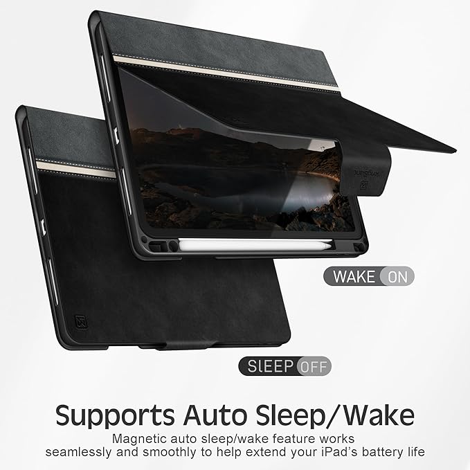 KingBlanc Case for iPad Air 13 inch (M3 2025/M2 2024) with Pencil Holder, Vegan Leather Protective Stand Cover, Auto Wake/Sleep, Multi-Angles for Viewing/Drawing, Supports Pencil Pro/(USB-C), Black