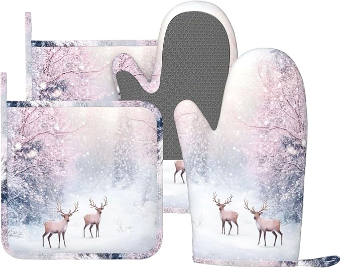 Oven Mitts Pot Holders Set Winter Deer Forest Christmas Silicone Kitchen Gloves Potholders Heat Resistant for Chef Baking Cooking Grilling BBQ 4 Pack Mitt