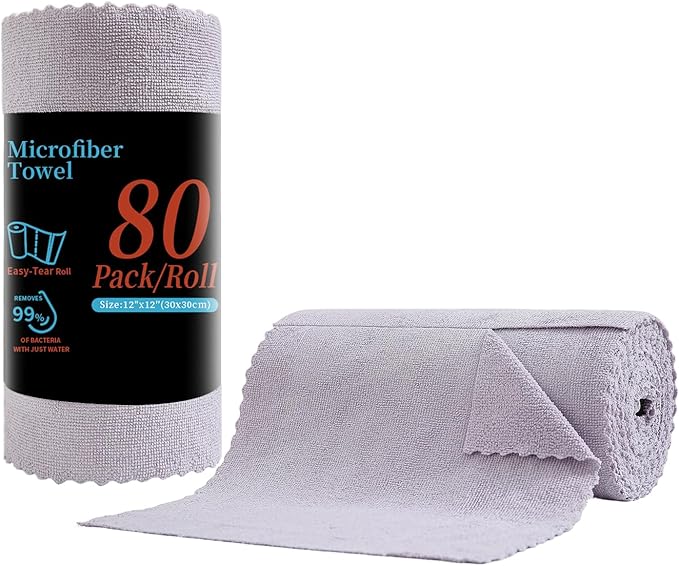 Tigona 80 Pack Microfiber Cleaning Cloth Roll,Lint Free Rags & Tear Away Reusable Towels Washable Scratch,Ultra Absorbent Dish Rags(12" x 12") for Car Kitchen Home Garage-Light Purple
