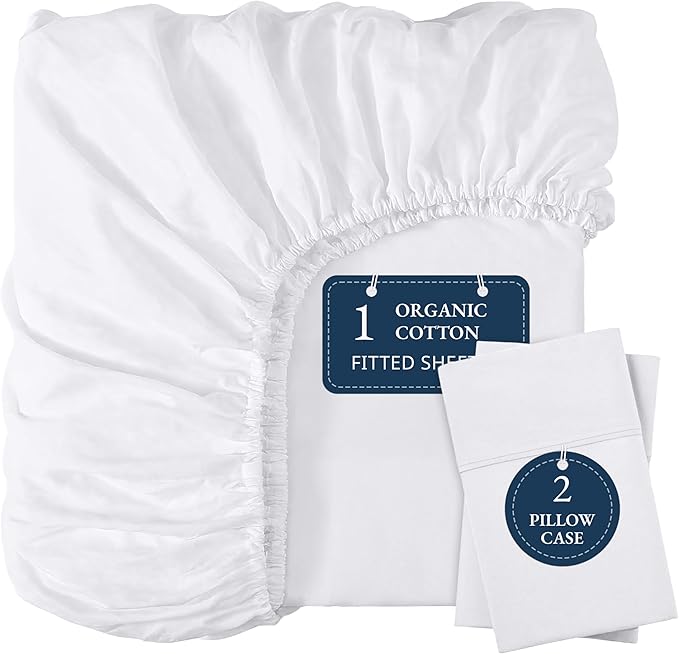 LANE LINEN Fitted Sheet Full Size, 100% Organic Cotton, 3-Piece Set (1 Fitted Sheet, 2 Pillowcases) Percale Weave, Bed Fitted Sheets, Breathable, Fits Mattress Upto 15" Deep - White (No Flat Sheet)