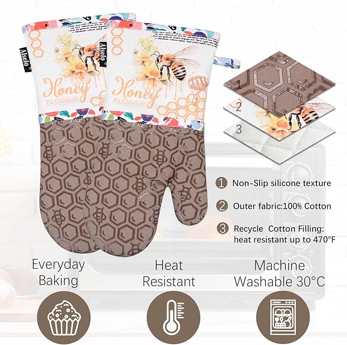 Oven Mitts, Heat Resistant with Soft Quilted Cotton Lining Set of 2, Fashion Bee Design with Silicone Printing Anti-Slip Kitchen Gloves for Safe Backing Cooking Barbecue (Khaki, Bee)