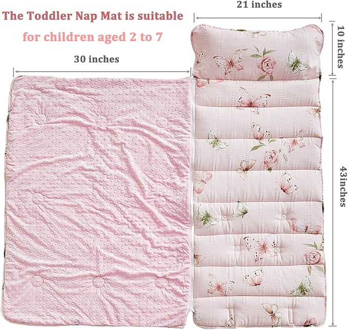 Toddler Nap Mat with Zipper,Detachable Minky Blanket and Removable Pillow,Soft Slumber Bags for Girls,Kids Sleeping Bag for Daycare Preschool Kindergarten,Flower Toddler Sleeping Mat - Butterfly