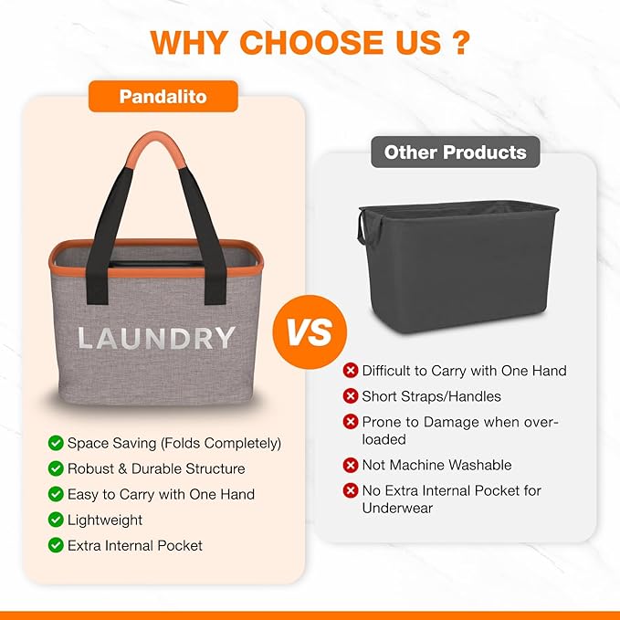 PANDALITO Collapsible Laundry Baskets (1 Pack) with Zip Pocket & Bonus Mesh Bag - Foldable Laundry Basket for Dirty Clothes, 10 Gallon Hamper Bin for Nursery, Dorm, RV, Apartment, Small & Portable