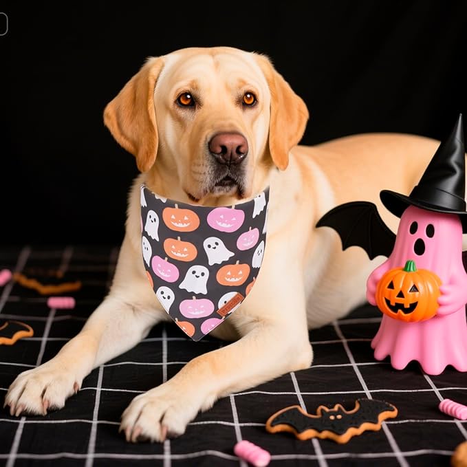 PTDECOR Halloween Dog Bandana, Cute Ghost Pumpkin Design Reversible Holiday Pet Scarf, Premium Durable Fabric, Adjustable Pink Black Halloween Bandanas for X-Large Dogs Pets(X-Large)