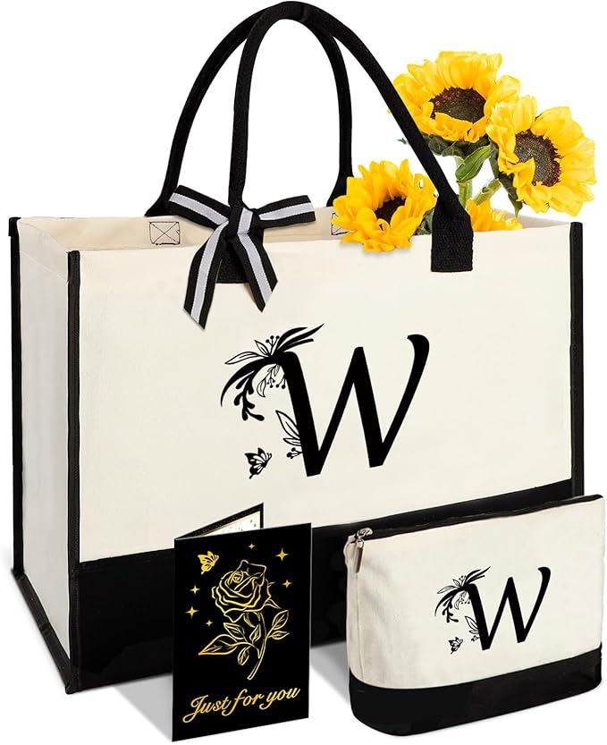 Personalized Gifts for Women - Initial Canvas Tote Bag & Makeup Bag, Custom Bags for Beach, Christmas, Wedding, Birthday, Holiday, Monogram Birthday Gifts for Women, Mom, Wife, Teacher, Friend - W